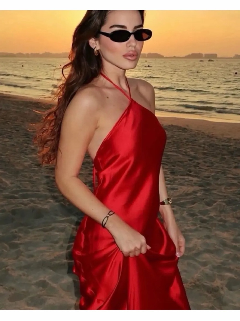 Zara Red Satin Halter Maxi Dress